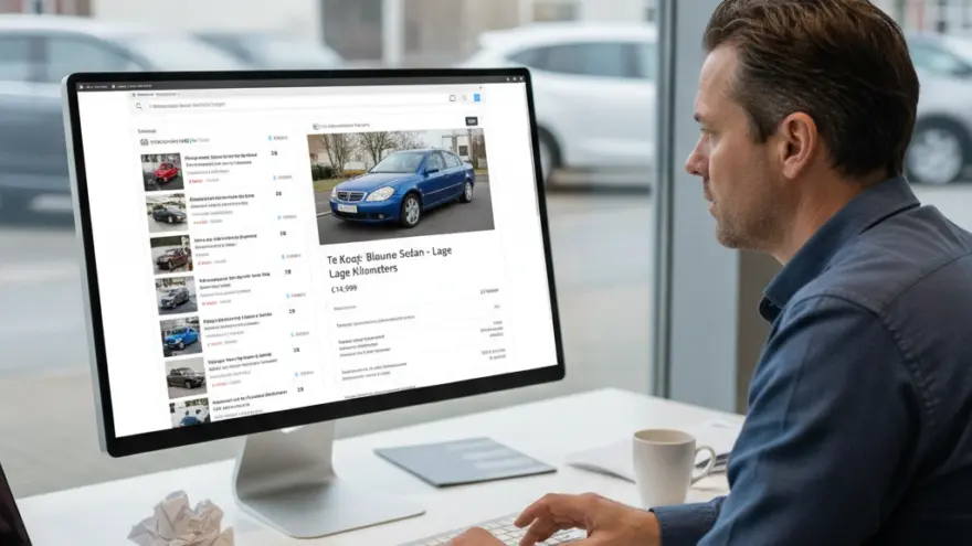 Een man in een blauw overhemd zit achter een bureau en kijkt naar een computerscherm waarop een website met auto-advertenties wordt getoond.