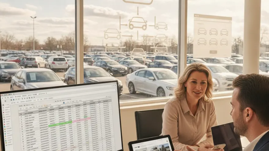 Een man in een pak en een vrouw aan een bureau met computerschermen, met op de achtergrond een parkeerplaats vol auto's door het raam.