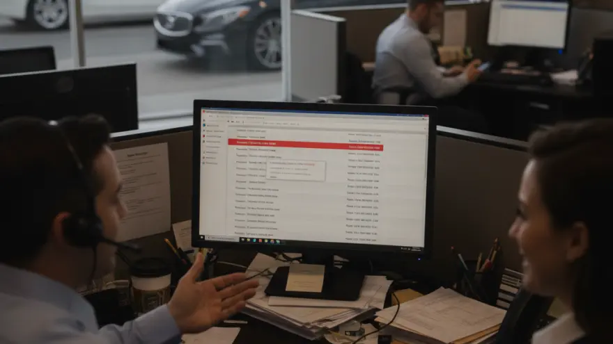 Zwei Büroangestellte in einem Autohaus besprechen Daten auf einem Computerbildschirm, während im Hintergrund Autos durch ein großes Fenster sichtbar sind.