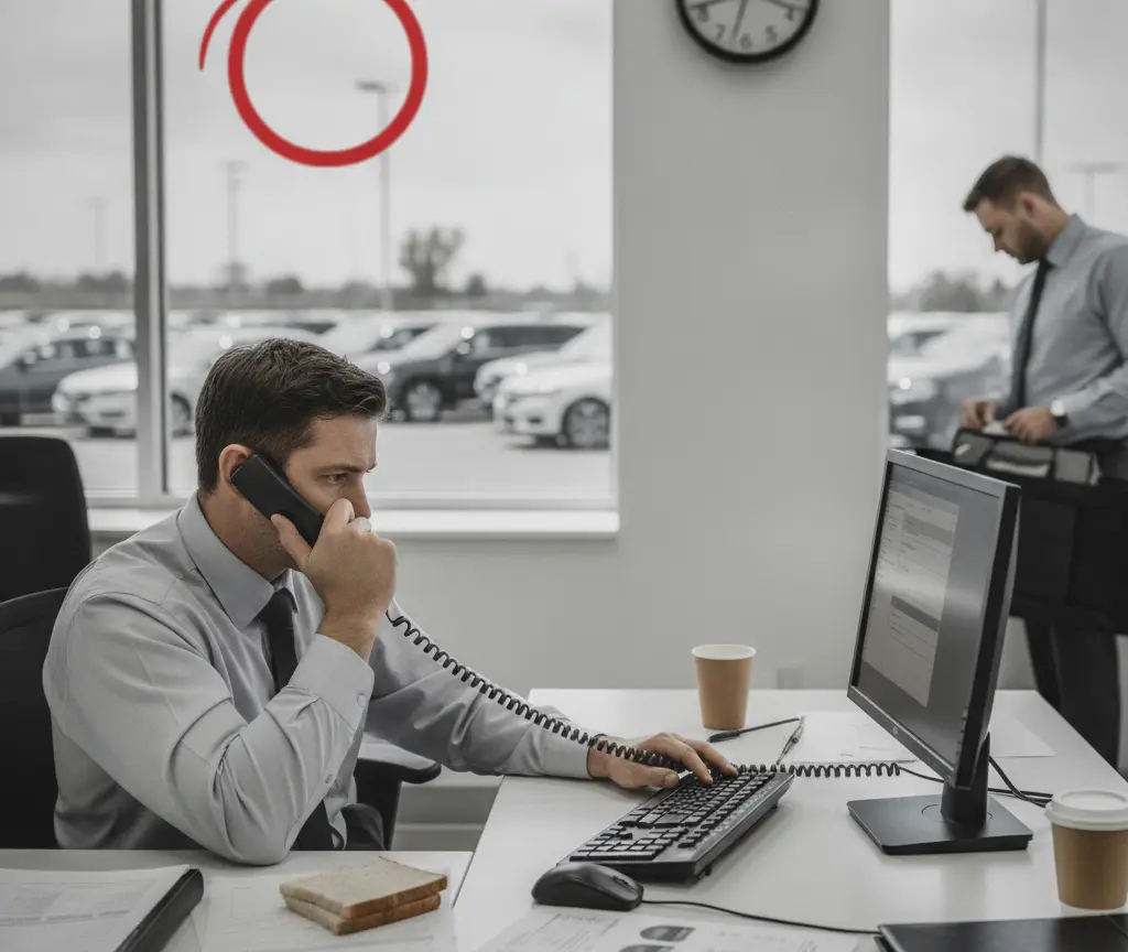 Ein Mann im Hemd telefoniert am Schreibtisch vor einem Computerbildschirm, während im Hintergrund Autos durch ein großes Fenster zu sehen sind.