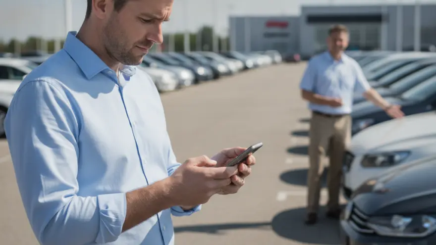 Ein Mann im hellblauen Hemd blickt auf sein Smartphone, während im Hintergrund ein Autoverkäufer auf einem Parkplatz voller Fahrzeuge steht.