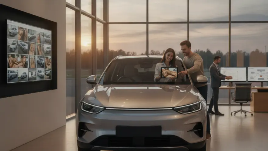 Ein Paar steht in einem Autohaus vor einem silbernen Auto und betrachtet ein Tablet, während im Hintergrund ein Verkäufer an einem Schreibtisch arbeitet.