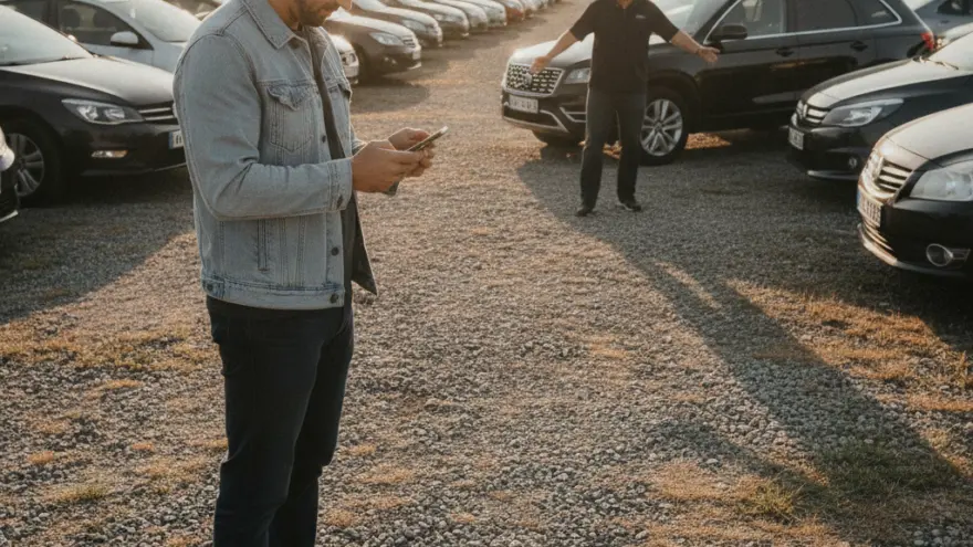 En junge Mann im Vordergrund luegt uf sis Smartphone, während im Hintergrund en ältere Mann mit usbreitete Arme uf eme Parkplatz voller Autos staht.