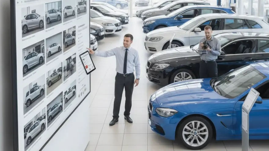 En Verkäufer im Hemd zeigt uf en grosse Bildschirm mit Auto-Bilder, während en Fotograf im Hindergrund en Kamera hebt und diversi Autos im Showroom stönd.