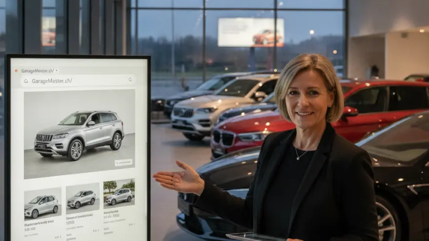 E Frau im dunkle Hosesate zeigt uf en grosse Bildschirm mit Auto-Inserat inere Fahrzüghalle.