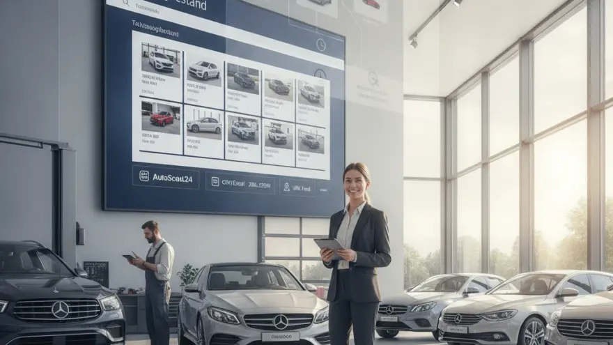 E Frau im Hosesategg stoht mit eme Tablet inere Autogarage, während im Hintergrund en Mechaniker und mehreri Autos vor ere grosse Bildschirmanzeig z gseh sind.