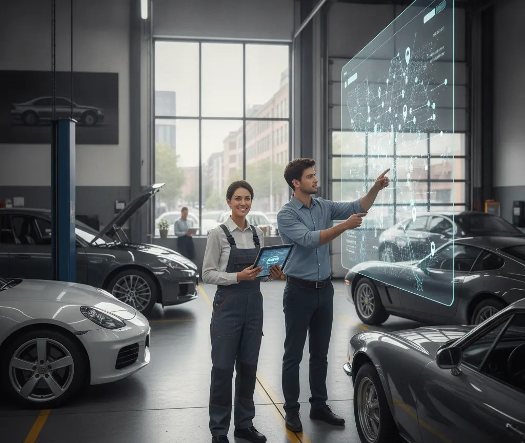 En Automechanikerin mit eme Tablet und en Mann, wo uf e schwebende, digitale Bildschirm zeigt, stönd inere Autowerchstatt mit mehrere Autos.