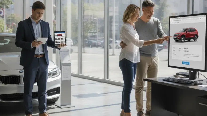 Ein Paar betrachtet ein rotes Auto auf einem großen Bildschirm in einem Autohaus, während ein Verkäufer im Anzug daneben steht und auf ein Tablet blickt.