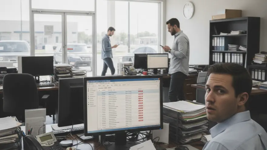 En Maa im Vordergrund sitzt am Schriibtisch mit Dokument in de Hand und luegt id Kamera, während im Hintergrund zwei anderi Männer im Büro stönd.