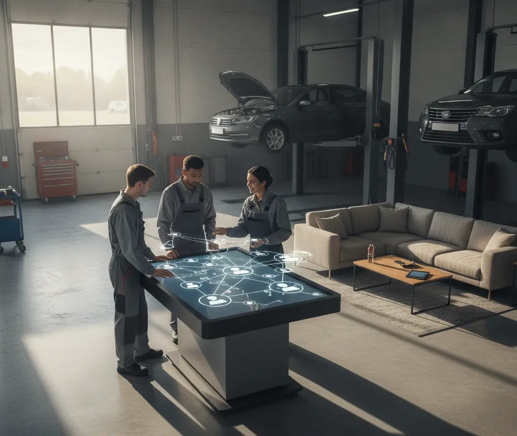 Drei Automechaniker in graue Gstältli stönd inere Werkstatt um en grosse Touchscreen-Tisch mit digitale Grafike, während im Hintergrund Autos uf Hebebühne z gseh sind.