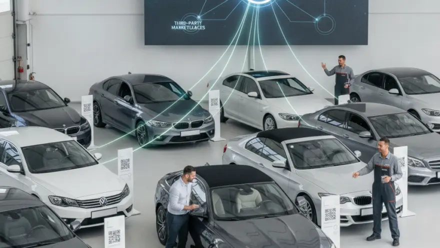 Es grosses Autohuus mit verschiedene Auto, zwei Verkäufer und ere grosse Grafik-Aazeig a de Wand.