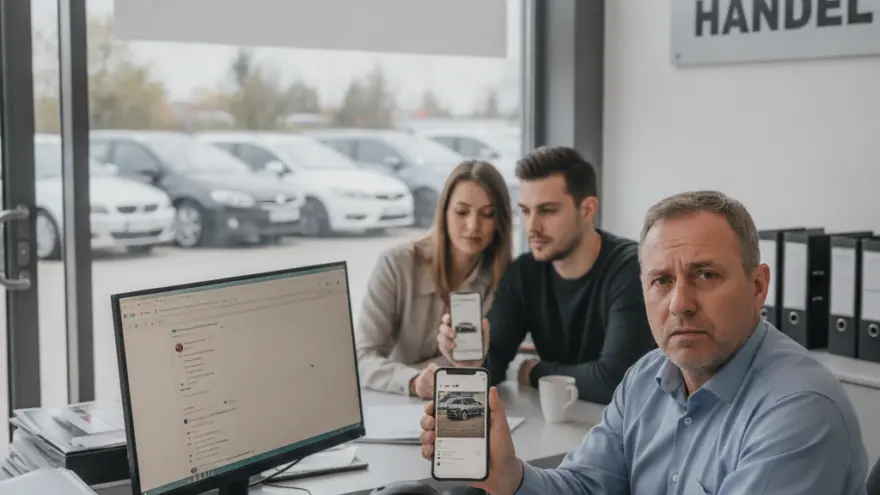 En Verkäufer im Büro zeigt es Smartphone mit emne Bild voneme Auto, während es Paar im Hintergrund zueluegt.