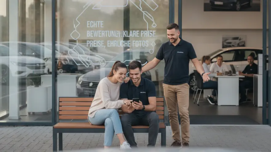 Ein Paar sitzt auf einer Bank vor einem Autohaus und schaut gemeinsam mit einem Verkäufer auf ein Smartphone.