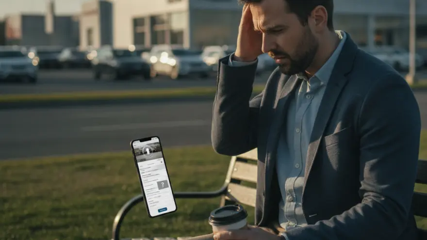 Ein nachdenklicher Mann im Sakko sitzt mit einem Kaffeebecher auf einer Parkbank, während ein Smartphone neben ihm in der Luft schwebt.