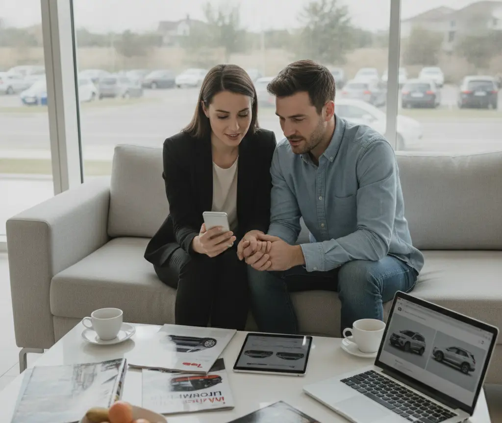 Ein Paar sitzt auf einem Sofa in einem Autohaus und schaut gemeinsam auf ein Smartphone, während auf dem Tisch davor ein Laptop und Broschüren liegen.