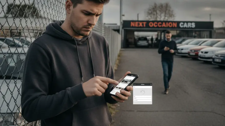 En Mann im dunkle Kapuzepulli staht näbed eme Gitterzaun und bedient sis Smartphone, während im Hindergrund en andere Mann uf eme Parkplatz mit Autos staht.