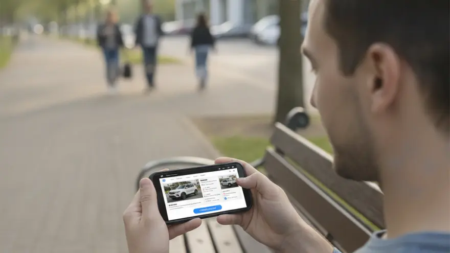 En Mann sitzt uf ere Parkbank und luegt uf sim Smartphone d Website vonere Autofirma a.