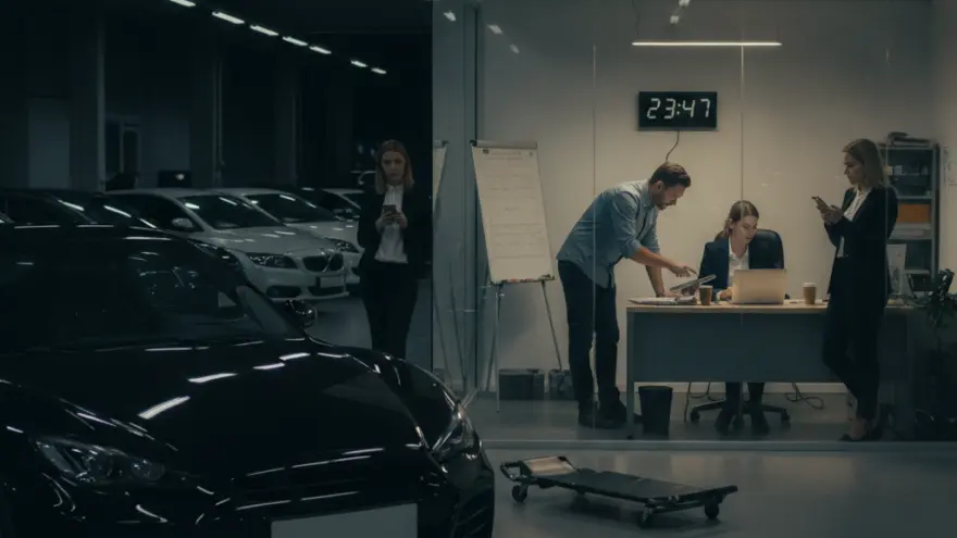 Es schwarzes Auto staht im Vordergrund vor eme beleuchtete Büro, wo dütlich nach Mitternacht no Lüt am Schriibtisch schaffed.