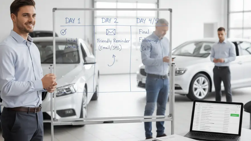 En Verkäufer staht näbed ere beschribene Glaswand inere Autohale, während im Hindergrund anderi Männer und Autos z'gseh sind.