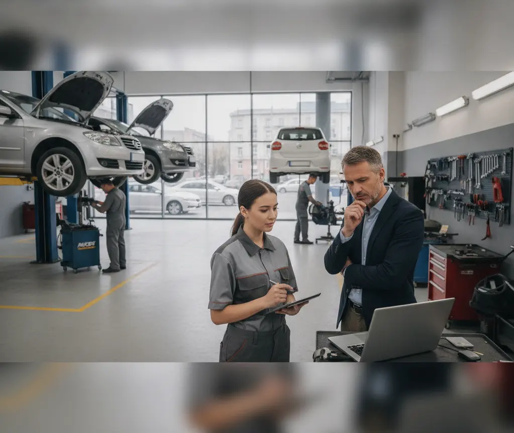 En Automechanikerin im graue Overall zeigt eme Maa im Azug öppis uf eme Tablet, während im Hintergrund Autos repariert werded.