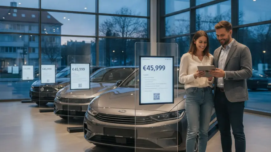 Ein lächelndes Paar steht in einem Autohaus neben ausgestellten Fahrzeugen und blickt gemeinsam auf ein Tablet.