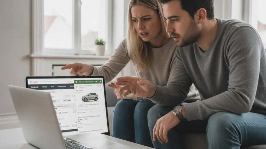 Ein Paar sitzt auf einem Sofa und schaut konzentriert auf einen Laptop, der ein Auto-Konfigurationsmenü zeigt.