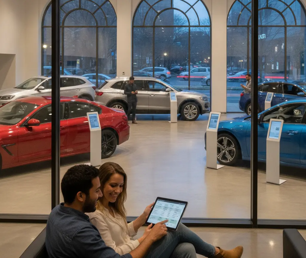 Ein Paar sitzt auf einem Sofa im Vordergrund und schaut auf ein Tablet, während im Hintergrund Autos in einem Ausstellungsraum stehen.