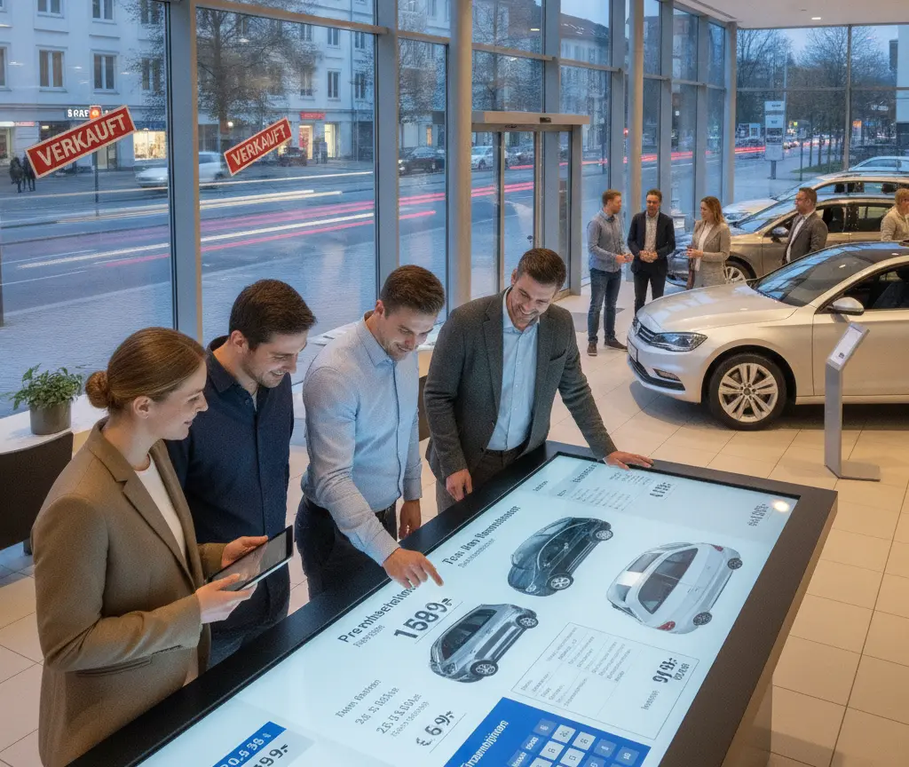 Vier Persone stönd ineme Autohuus um en grosse Touchscreen-Tisch und lueged Auto-Modäll aa.