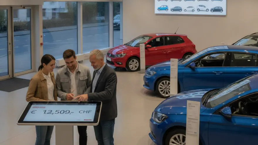 En Verkäufer zeigt eme junge Paar en Priis uf eme Bildschirm in eme Autohuus mit mehrere Autos im Hindergrund.