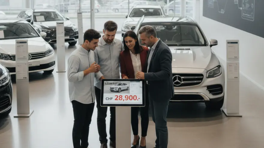 Vier Persone stönd inere Autohalle um en Bildschirm mit eme Auto-Agebot ume.