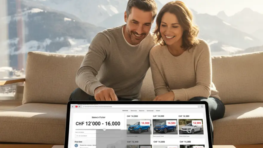 Es Paar sitzt lachend uf em Sofa und luegt gmeinsam uf es Tablet, wo Autos zum Verchauf aazeigt werded, mit ere verschneite Berglandschaft im Hintergrund.