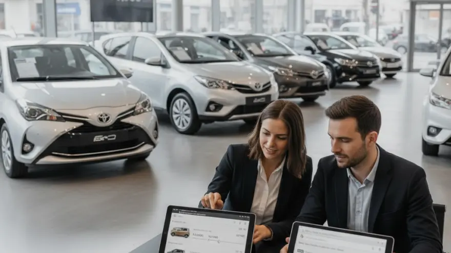 E Frau und en Ma im Business-Outfit sitzed aneme Tisch imne Autohuus und lueged uf zwei Tablets, während im Hindergrund mehreri Autos usgstellt sind.