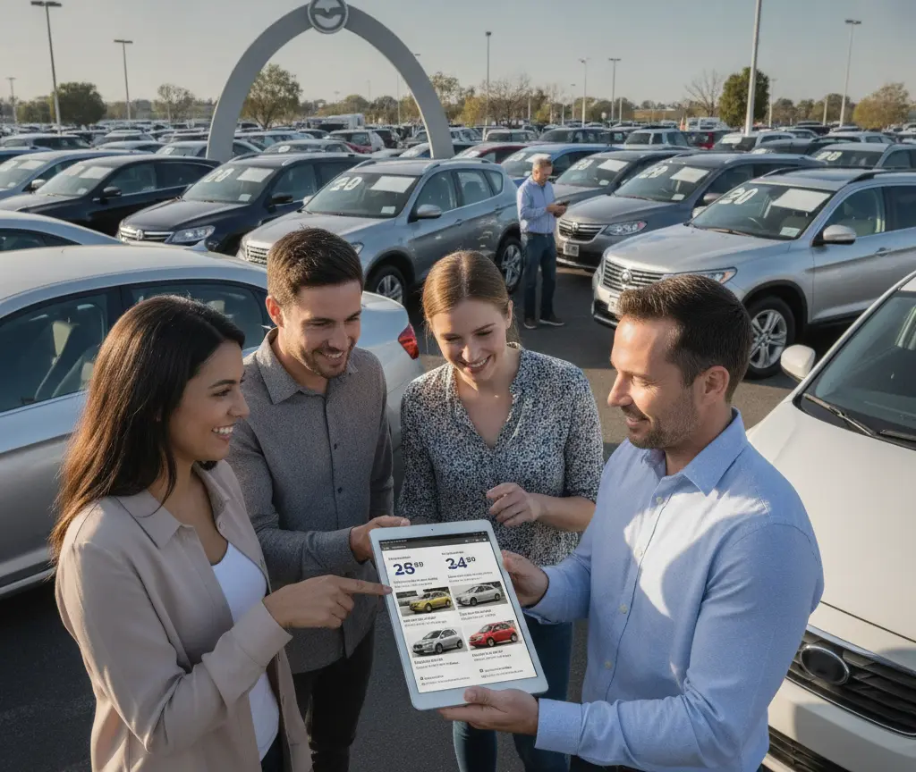 En Verchäufer zeigt ere Gruppe vo drei Lüt es Tablet uf eme Parkplatz voller Auto.