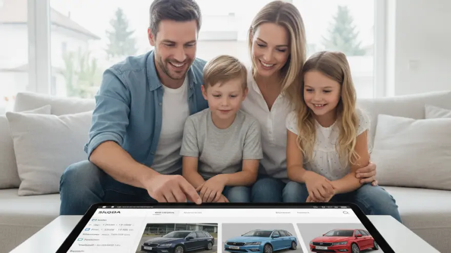En Familie mit zwei Chind sitzt uf em Sofa und luegt gmeinsam uf es grosses Tablet, wo verschideni Auto aazeigt werded.