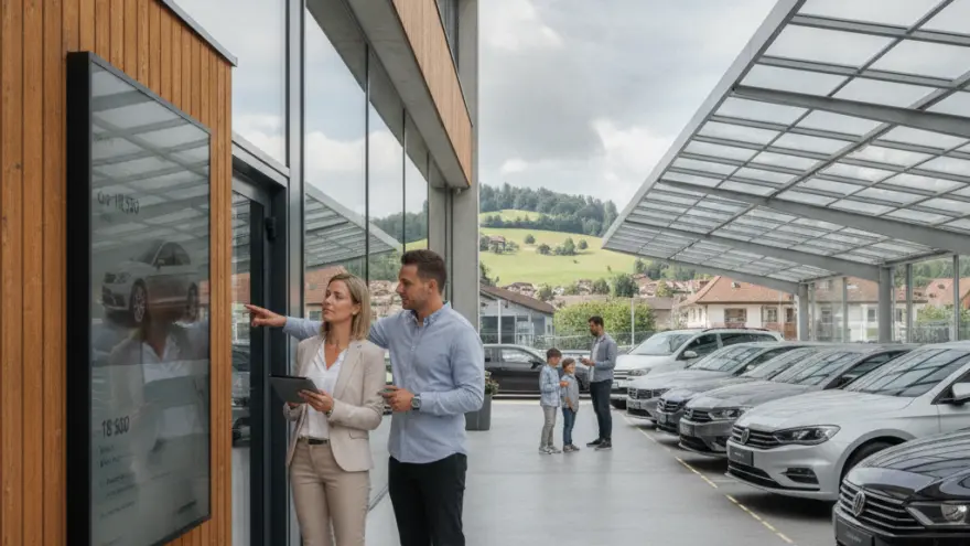 En Verkäufer und e Chundin lueged gmeinsam uf en grosse Bildschirm anere Holzfassade vor eme Autohuus mit parkierte Autos under eme Glasdach.