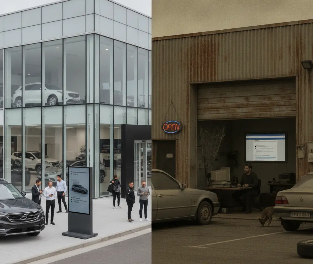 Es zweideiligs Bild zeigt links es moderns Autohuus us Glas mit Auto und Mensche davor, und rechts e alti, rostigi Garage mit Autos und eme Maa am Schriibtisch.