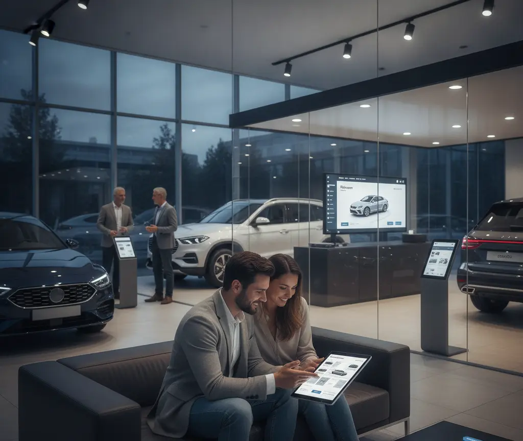 Es Paar sitzt uf eme Sofa imne Autohuus und luegt gmeinsam uf es Tablet, während im Hintergrund anderi Chunde und Autos z gseh sind.