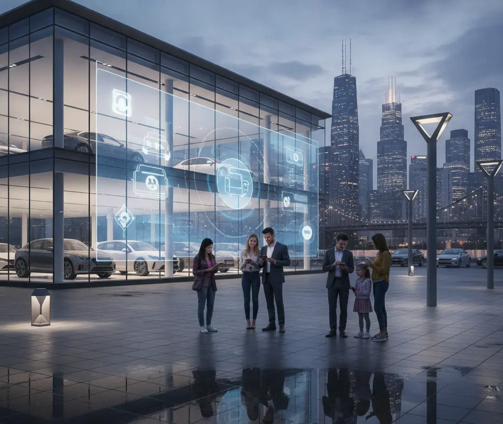 Mensen die op hun smartphones kijken voor een modern glazen autodealergebouw met een geprojecteerd digitaal scherm en een skyline van de stad op de achtergrond.