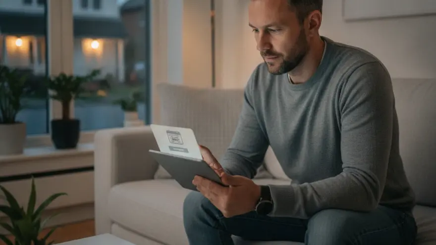 Ein Mann sitzt auf einem Sofa im Wohnzimmer und schaut auf ein Tablet in seinen Händen.