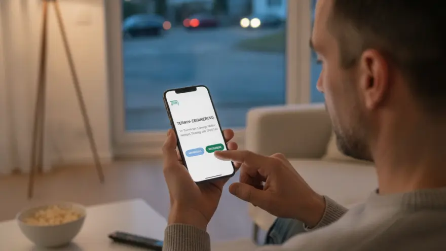 En Maa sitzt uf em Sofa und bedient es Smartphone mit ere Terminerinnerig druf.