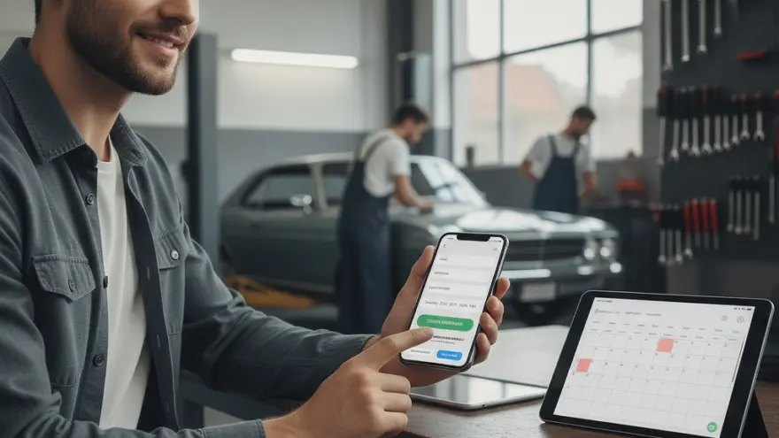 En lächelnde Mann sitzt inere Autowerchstatt und bedient es Smartphone, während vor ihm es Tablet mit emne Kalender staht und im Hintergrund Mechaniker aneme Auto schaffed.