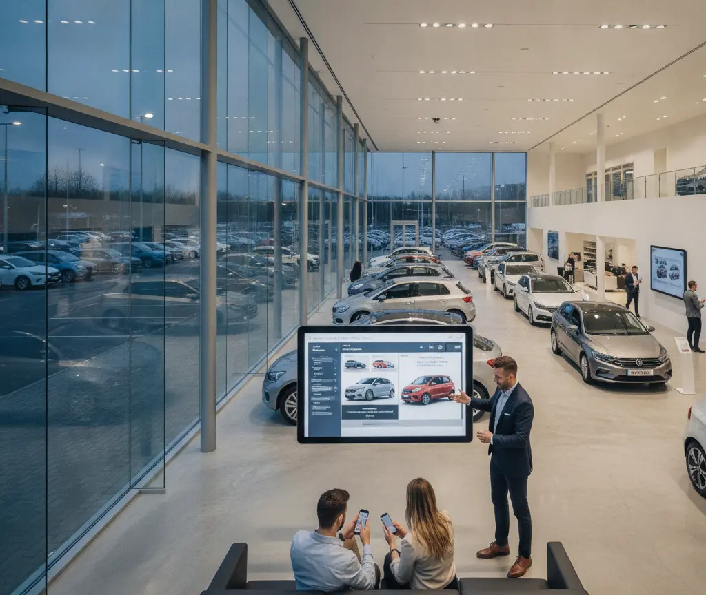 A salesman in a suit presents car options on a large screen to a couple sitting on a couch inside a modern, spacious car dealership showroom.