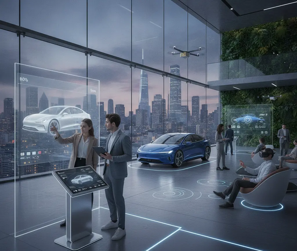 People interact with digital displays and virtual reality headsets in a futuristic car showroom overlooking a city skyline at dusk.