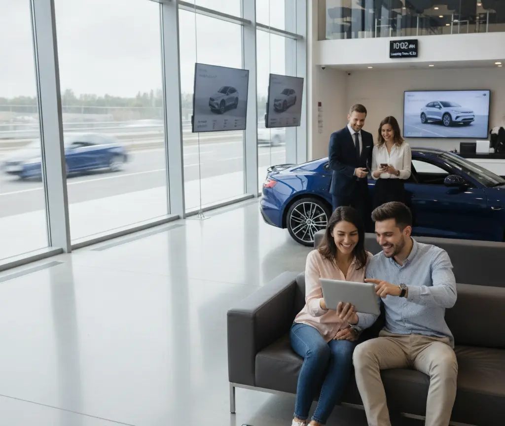 A smiling couple sits on a grey sofa looking at a tablet in a car dealership showroom while a salesman and another woman stand near a blue car in the background.