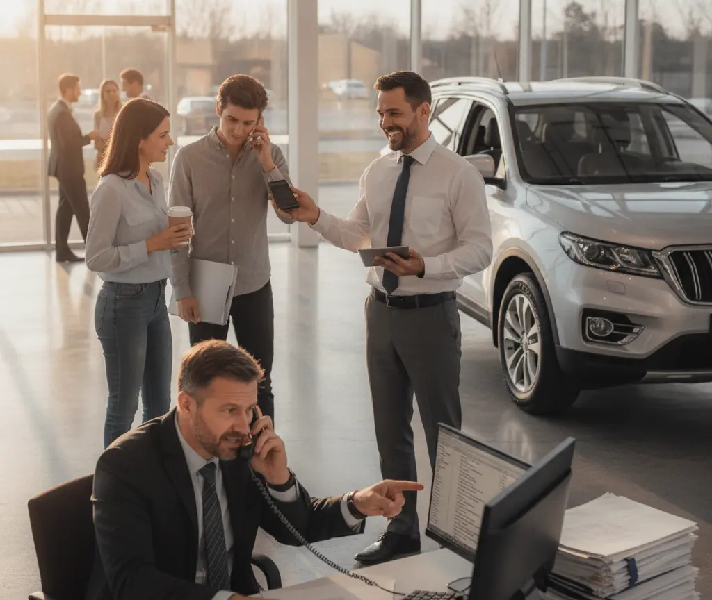 A car salesman in a tie shows a smartphone to a young couple standing next to a silver SUV, while another man in a suit talks on the phone at a desk in the foreground.