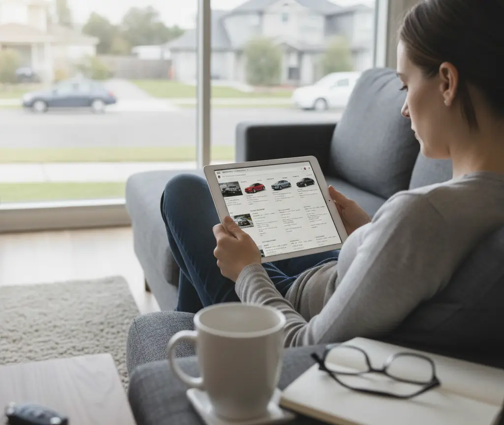 A woman sits on a grey sofa looking at a tablet displaying car listings, with a mug and glasses on a notebook in the foreground.