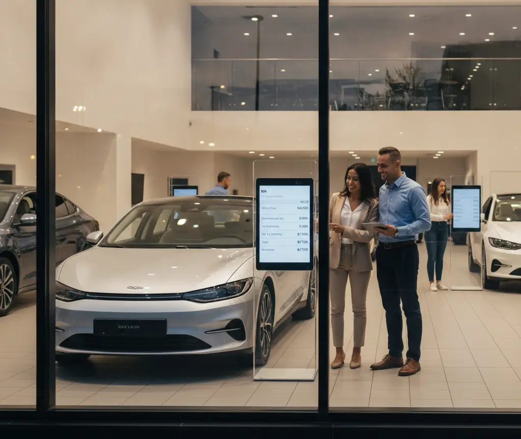 A man and a woman stand in a brightly lit car showroom looking at a digital display screen next to a silver car.
