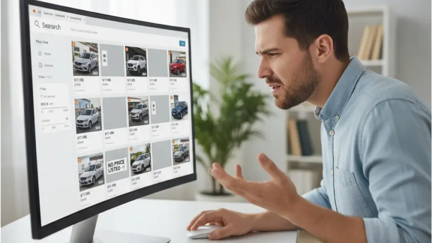 A man looks confused and gestures with his hand while looking at a computer screen showing car listings.
