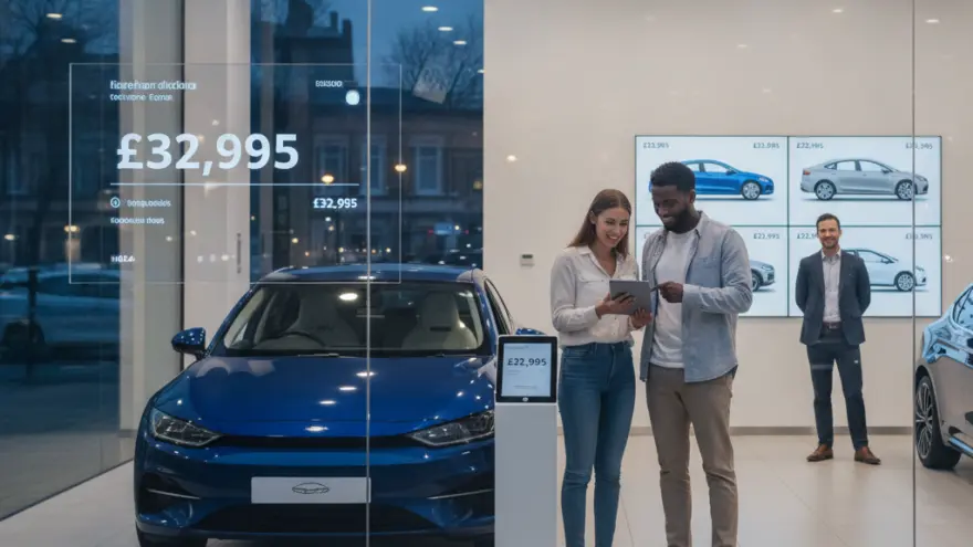 A man and a woman look at a tablet next to a blue car inside a brightly lit car dealership showroom.