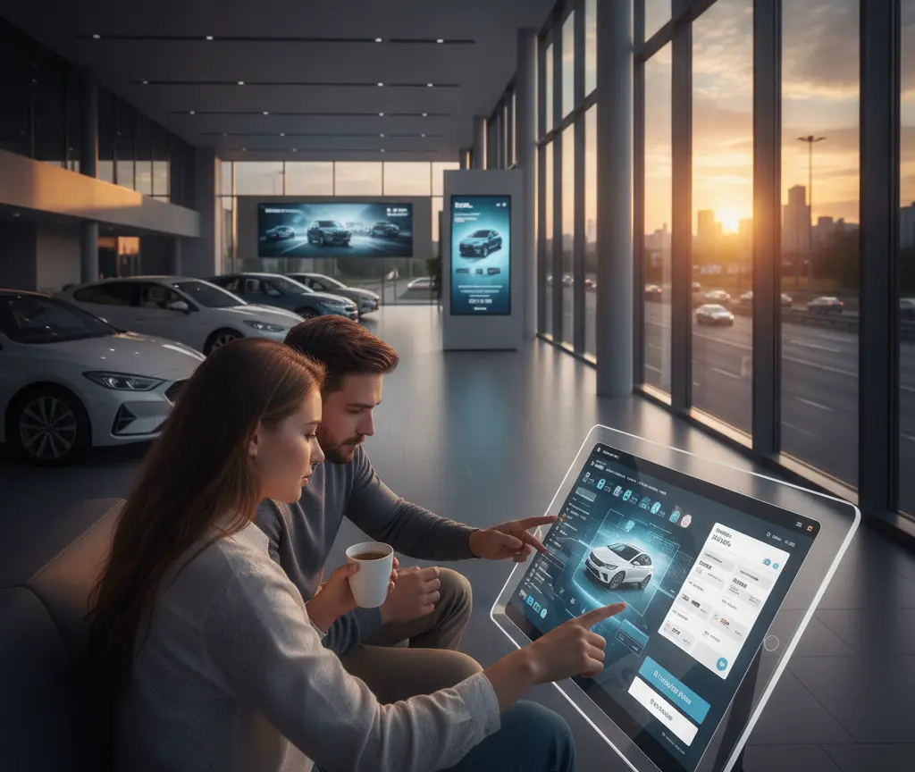 A man and a woman sit on a couch in a car dealership showroom, interacting with a large digital tablet displaying a car configurator.